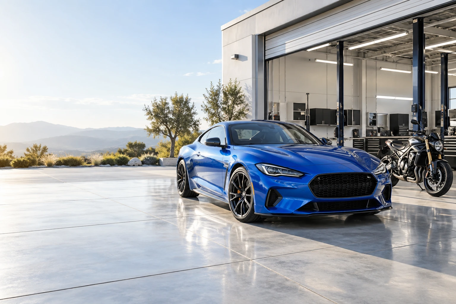 Illustrative blue car and motorcycle outside a bright workshop