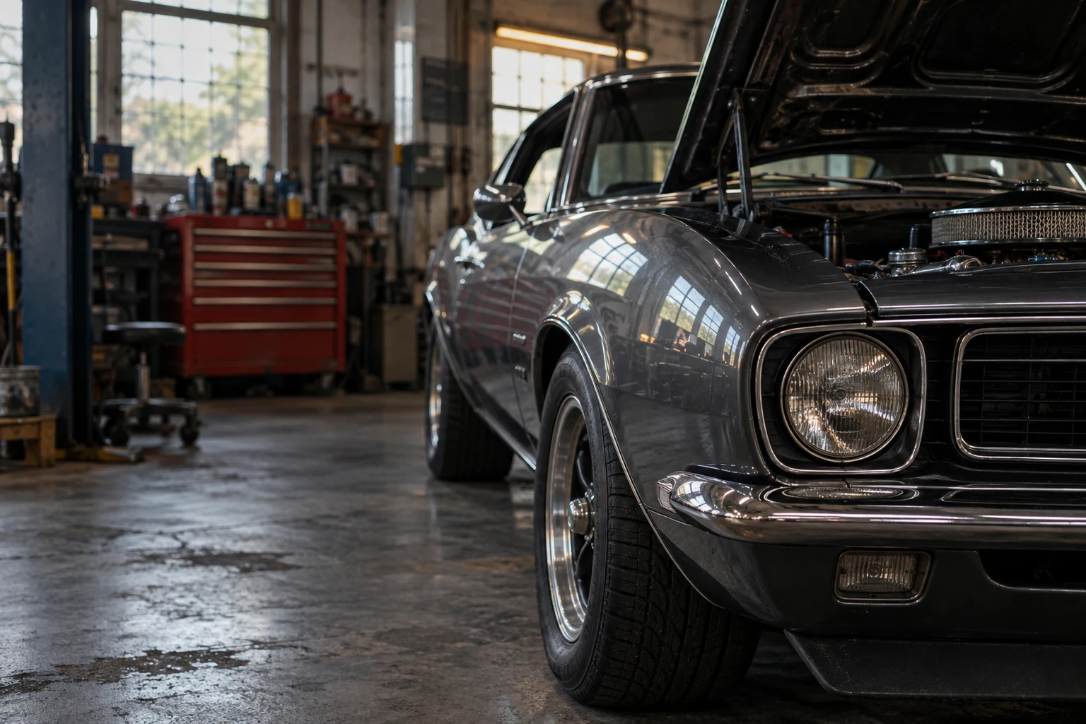 Illustrative automotive workshop scene