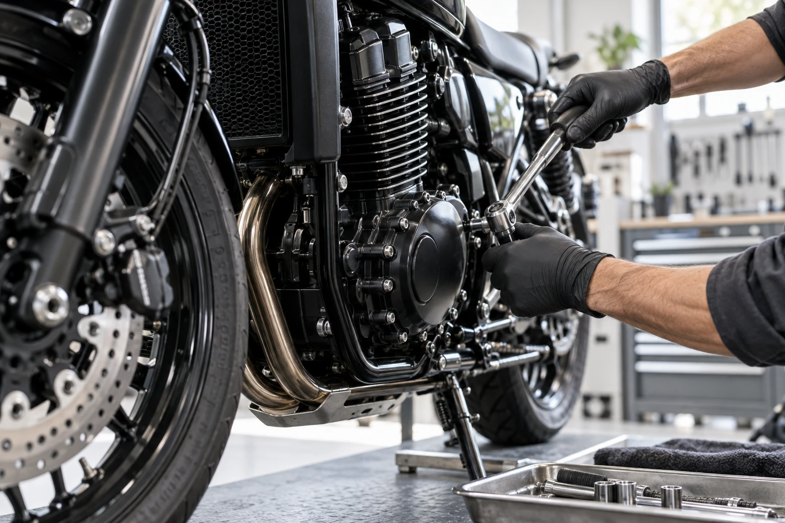 Illustrative motorcycle repair scene